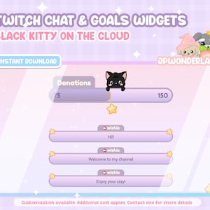 Cute animated Twitch Goals & Chat Widgets - Black Kitty on the cloud series - Donation/Subscriber/Follower/Bits Goal
