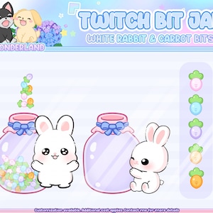 May include: A digital graphic featuring a Twitch Bit Jar with a white rabbit and carrot bits theme. The image includes cartoon rabbits, jars, and colorful carrot-shaped bits. Text reads "Twitch Bit Jar" and "White Rabbit & Carrot Bits".