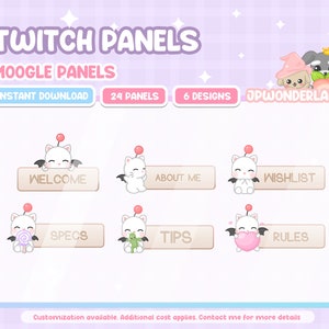 May include: A set of 24 Twitch panels featuring a cute cartoon Moogle character in various poses. The panels include text such as "Welcome", "About Me", "Wishlist", "Specs", "Tips", and "Rules".