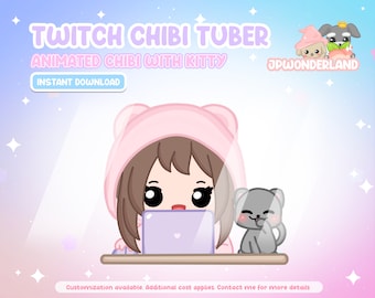 Animated Chibi with cat PNGtuber / Vtuber / Gifttuber / Alert for Twitch / Discord / Stream