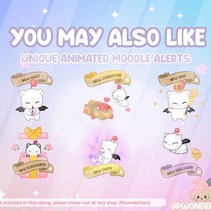 Op de afbeelding: Een digitale afbeelding met unieke geanimeerde Moogle-waarschuwingen. De afbeelding bevat verschillende Moogle-personages met banners met de tekst "New Host", "New Donation", "New Raid", "New Subscriber", "New Cheer" en "New Follower". De achtergrond is een blauw-paarse gradi&euml;nt.