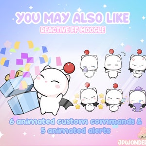 Op de afbeelding: Digitale afbeelding met een wit stripfiguur met een rode bol op zijn hoofd en zwarte vleugels. De tekst luidt "YOU MAY ALSO LIKE REACTIVE FF MOOGLE" en "6 animated custom commands & 5 animated alerts."