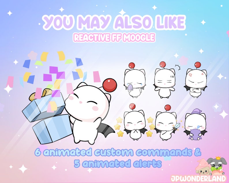 Op de afbeelding: Digitale afbeelding met een wit stripfiguur met een rode bol op zijn hoofd en zwarte vleugels. De tekst luidt "YOU MAY ALSO LIKE REACTIVE FF MOOGLE" en "6 animated custom commands & 5 animated alerts."