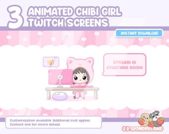 Animated Chibi Girl Twitch Screens - Starting Soon, Be Right Back, Ending Screen