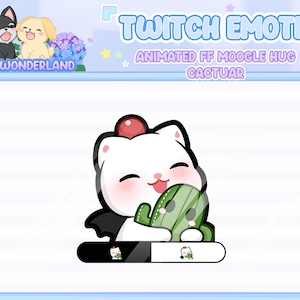 May include: Animated Twitch emote featuring a white cat with red horns hugging a green cactus. The emote is titled "Animated FF Moogle Hug Cactuar" and is from the user "JPWONDERLAND".