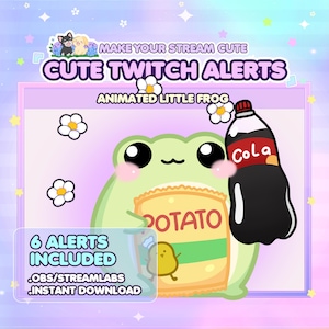 Op de afbeelding: Schattige Twitch-alerts-afbeelding met een geanimeerde kikker die een zak chips en een colafles vasthoudt. De tekst bevat "Make Your Stream Cute", "Cute Twitch Alerts", "Animated Little Frog" en "6 Alerts Included".