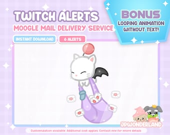 May include: Animated Twitch alert featuring a white cat with pink ears and a black bat wing, carrying a purple bag with pink hearts and a pink balloon. The text "Moogle Mail Delivery Service" is displayed above the image. The text "Instant Download" and "6 Alerts" are displayed below the image. The text "Bonus Looping Animation Without Text!" is displayed in a blue box in the upper right corner of the image.