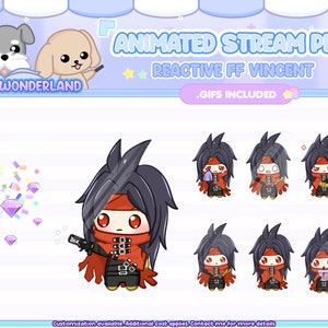 May include: Animated stream pet of Vincent from Final Fantasy VII. The character is depicted in a chibi style with a red cape and black outfit. The image includes multiple expressions of the character, including a surprised expression, a blushing expression, and a happy expression. The character is holding a sword in one image and a drink in another. The image also includes a background of confetti and diamonds.