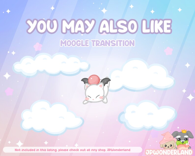 May include: A cute white cartoon character with pink ears and wings, flying in a sky with clouds. The character has a pink ball on its head. The text "YOU MAY ALSO LIKE" and "MOOGLE TRANSITION" is at the top of the image.