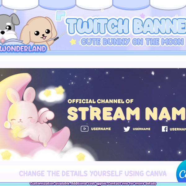 Benutzerdefinierte Twitch Banner - süßes Häschen auf dem Mond Twitch Banner - Kawaii Kaninchen - personalisiertes Twitch Banner