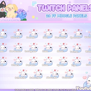 May include: A set of 26 customizable Twitch panels featuring a cartoon white cat with pink cheeks and a red bow. The panels are designed for use on Twitch and include categories such as Credits, Discord, Donate, FAQ, Facebook, Sponsors, Welcome, Games, Hardware, Instagram, Links, Music, Twitter, Wishlist, Merch, Others, Patreon, Rules, Specs, Tips, Steam, Schedule, Subscribe, About Me, Contact, and Youtube.