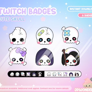 May include: Set of six Twitch badges featuring cute skull designs. The badges include a skull with a bandage, a skull with a bow, a skull with a broken jaw, and three different skull designs with a hooded figure.