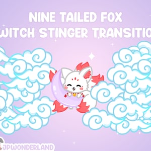 May include: A cute cartoon nine-tailed fox with red fur and a crescent moon in a pink and purple background. The fox is wearing a purple collar with a gold bell. The text "NINE TAILED FOX TWITCH STINGER TRANSITION" is at the top of the image. The text "JPWONDERLAND" is at the bottom of the image.
