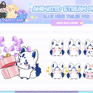 Cute Animated Blue Nine Tailed Fox Stream Pet (All .gif included) | Digital assets | Stream Deco | Twitch Pets animation | Kawaii Kitsune