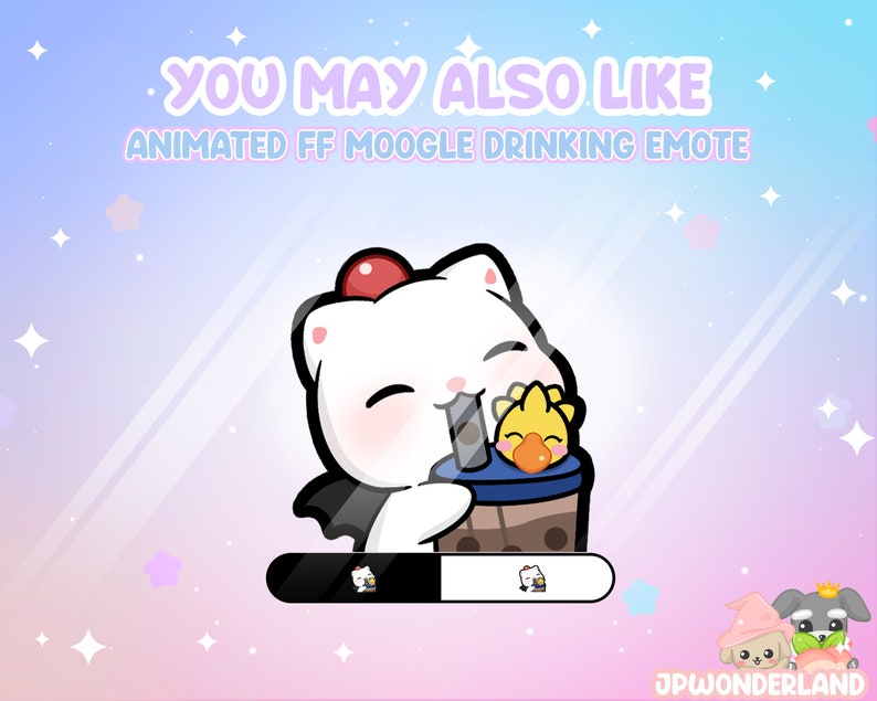 Op de afbeelding: Geanimeerde digitale kunst van een wit katachtig personage met een rode kers op zijn hoofd, drinkend uit een bubble tea-beker. Een kleine gele vogel zit in de beker. De tekst "YOU MAY ALSO LIKE ANIMATED FF MOOGLE DRINKING EMOTE" staat bovenaan.