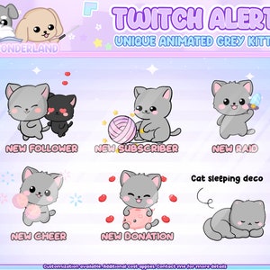 Unique Animated Twitch Alert Bundle - Cute grey Kitty / Cat Twitch Alerts | Cat stream alerts | Cute Cat animations | Stream Deco