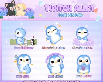 Unique Animated Cute Blue Penguin Twitch Alerts Bundle