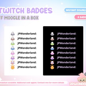 May include: Eight Twitch badges featuring a cartoon Moogle in a box. The badges are in different colors, including pink, blue, green, yellow, and orange. The text "JPWonderland" is displayed next to each badge.