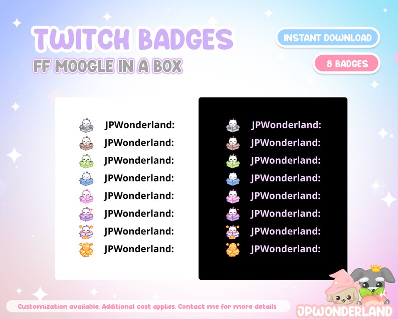 May include: Eight Twitch badges featuring a cartoon Moogle in a box. The badges are in different colors, including pink, blue, green, yellow, and orange. The text "JPWonderland" is displayed next to each badge.