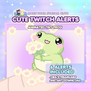 May include: A digital graphic for Twitch alerts. The image features a cute, animated green frog holding a bouquet of white flowers. Text includes "Make Your Stream Cute," "Cute Twitch Alerts," and "Animated Tiny Frog." Additional text states "6 Alerts Included."
