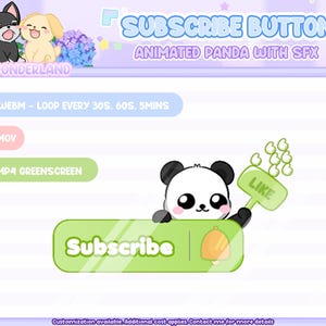 Superposición de botón de suscripción a transmisión de panda animado con efectos especiales / Animación de panda adorable / Configuración de transmisión / Video de introducción / YouTube / Twitch / Facebook