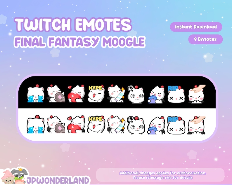 Op de afbeelding: Een digitale downloadafbeelding met Twitch-emotes van Final Fantasy Moogle-personages. De emotes bevatten verschillende uitdrukkingen en acties, zoals huilen, een hart vasthouden en het woord "HYPE". De afbeelding bevat ook de tekst "Direct downloaden" en "9 Emotes".
