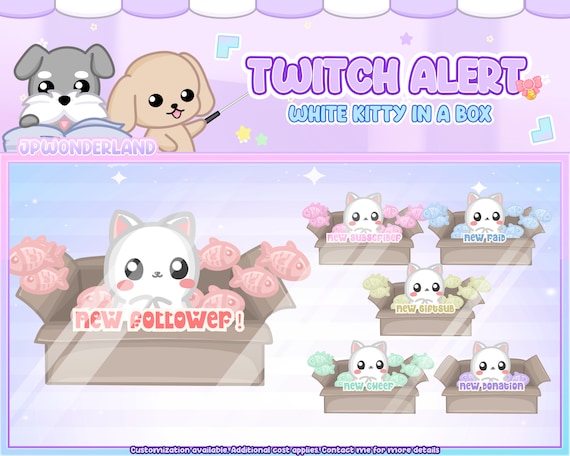 Animated White Cat Twitch Overlay Alerts (Total 6)