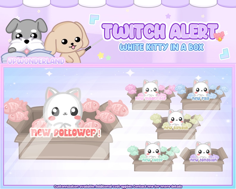 Puede incluir: Un gatito blanco se sienta en una caja marr&oacute;n con peces rosas a su alrededor. El texto "new follower!" est&aacute; en la caja. Hay cinco cajas m&aacute;s con gatitos blancos en ellas, cada una con peces de diferentes colores y texto. El texto "TWITCH ALERT WHITE KITTY IN A BOX" est&aacute; en la parte superior de la imagen.