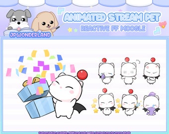 Linda mascota animada FF Moogle Stream con 11 expresiones, reacciona a comandos y alertas / Activos digitales / Stream Deco / Animación Twitch Pets