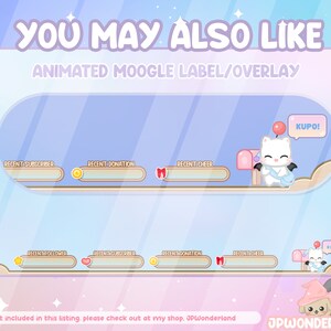 May include: Animated Twitch overlay featuring a cute white moogle character with wings and a pink mailbox. The overlay includes labels for recent subscriber, donation, cheer, and follower. The text "KUPO!" appears in a speech bubble above the moogle.