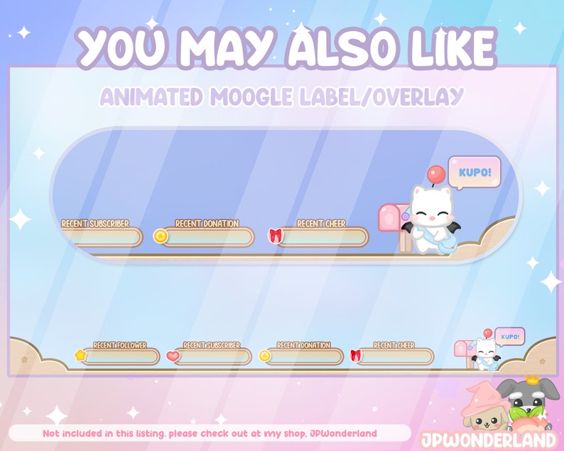 May include: Animated Twitch overlay featuring a cute white moogle character with wings and a pink mailbox. The overlay includes labels for recent subscriber, donation, cheer, and follower. The text "KUPO!" appears in a speech bubble above the moogle.