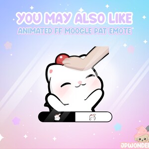 Op de afbeelding: Een geanimeerde digitale afbeelding van een witte kat met een rode kers op zijn hoofd die door een hand wordt geaaid. De afbeelding bevat de tekst "YOU MAY ALSO LIKE ANIMATED FF MOOGLE PAT EMOTE". Onderaan staat een voortgangsbalk.