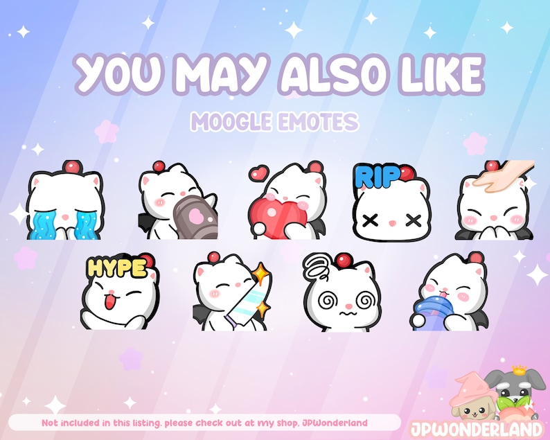 May include: A set of white cartoon cat emotes with different expressions, such as crying, holding a heart, and holding a knife. Text includes "YOU MAY ALSO LIKE," "MOOGLE EMOTES," "HYPE," and "RIP."