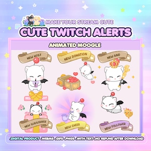 May include: A digital product with animated Moogle-themed Twitch alerts. The alerts include banners for new host, donation, raid, subscriber, cheer, and follower events. Each alert features a white Moogle character with various accessories and text. The image includes the text "Make Your Stream Cute".
