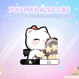 Op de afbeelding: Een geanimeerde afbeelding van een wit stripfiguur met een rode kers op zijn hoofd, die een bruine hamer vasthoudt versierd met gele sterren. De afbeelding bevat de tekst "YOU MAY ALSO LIKE ANIMATED FF MOOGLE HAMMER EMOTE". Een voortgangsbalk met het karakter staat onderaan.