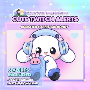 Può includere: Grafica digitale per avvisi Twitch. L'immagine presenta un simpatico coniglietto bianco con cuffie blu e un amico coniglietto rosa. Il testo include "MAKE YOUR STREAM CUTE", "CUTE TWITCH ALERTS" e "ANIMATED FLOPPY EAR BUNNY". Include anche "6 ALERTS INCLUDED" e "OBS/STREAMLABS .INSTANT DOWNLOAD."