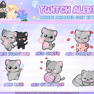 Unique Animated Twitch Alert Bundle - Cute grey Kitty / Cat Twitch Alerts | Cat stream alerts | Cute Cat animations | Stream Deco