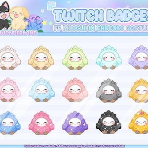 May include: A set of 12 Twitch badges featuring a cute, cartoon Moogle wearing a Chocobo costume in various colors. The badges are designed for use on the Twitch streaming platform.