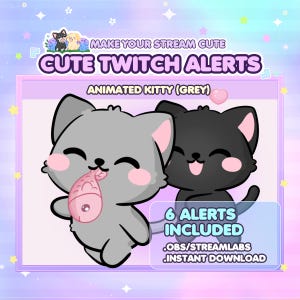 Op de afbeelding: Afbeelding voor Twitch-waarschuwingen met twee cartoonkatjes. Eén is grijs en houdt een roze vis vast, de andere is zwart. Tekst luidt "Make Your Stream Cute", "Cute Twitch Alerts" en "6 Alerts Included".