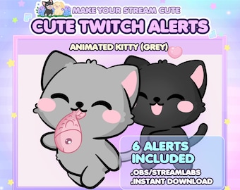 Paquete único de alertas animadas para Twitch: Lindo gatito gris / Alertas de Twitch de gatos / Alertas de transmisión de gatos / Animaciones de gatos lindos / Decoración de transmisión