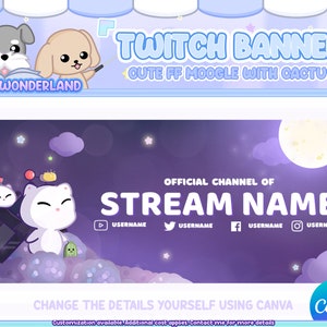 Custom Twitch Banner  - Cute ff Moogle with cactus - Kawaii Moogle  - personalised twitch banner