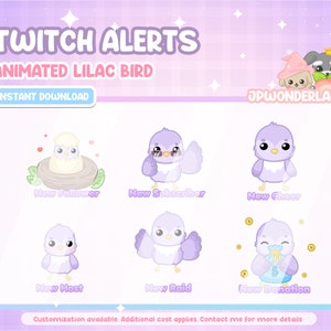 Paquete único de alertas animadas de Twitch de pájaro lila