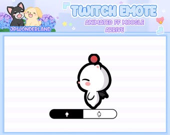 Puede incluir: Un emote de Twitch con un personaje de dibujos animados blanco con una esfera roja en la cabeza y pequeñas alas negras. La imagen incluye el texto "TWITCH EMOTE" y "ANIMATED FF MOOGLE ARRIVE". Una barra de progreso está en la parte inferior.