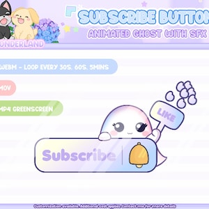May include: A digital graphic featuring a cute animated ghost holding a "Like" sign and a "Subscribe" button with a bell icon. The text "Subscribe Button Animated Ghost with SFX" is at the top. The image includes file type options: WEBM, MOV, and MP4 Greenscreen.