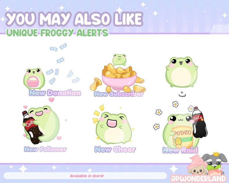 May include: Six animated frog emojis with different actions and text. The frog emojis are green with white eyes and a pink mouth. The text includes "New Donation", "New Subscriber", "New Follower", "New Cheer", "New Raid", and "Available in store!"