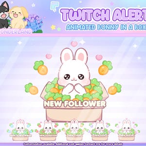 Geanimeerd wit konijntje in een doos Twitch-meldingen | Waarschuwing konijn houdt van wortel | Stroomdeco | Leuke Twitch-items