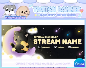 Custom Twitch Banner  - Cute Black Cat on the moon Twitch Banner - Kawaii Kitty  - Personalised twitch banner
