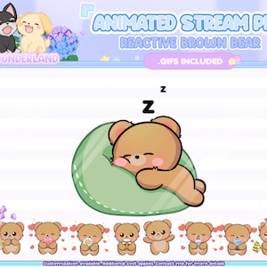 Puede incluir: Mascota de transmisión animada de oso marrón con diferentes expresiones. El oso está durmiendo, sonriendo, sosteniendo un regalo, dando un beso, sosteniendo una flor, tomando té, saludando, sosteniendo un corazón y usando un gorro de Papá Noel. El texto en la imagen dice "Mascota de transmisión animada Oso marrón reactivo .GIF incluidos".