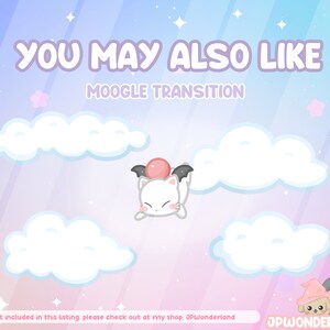 May include: A digital illustration of a white cat-like creature with bat wings and a pink bubble, floating amongst fluffy white clouds. The text "YOU MAY ALSO LIKE" and "MOOGLE TRANSITION" are displayed in a soft purple font.