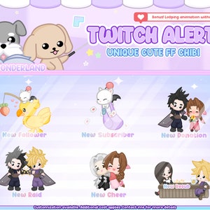 6 Unique Animated Twitch Alerts Bundle - FF7 Zack, Aerith, Sephiroth, Cloud, Tifa, Chocobo and Moogle/ FF7 Chibi